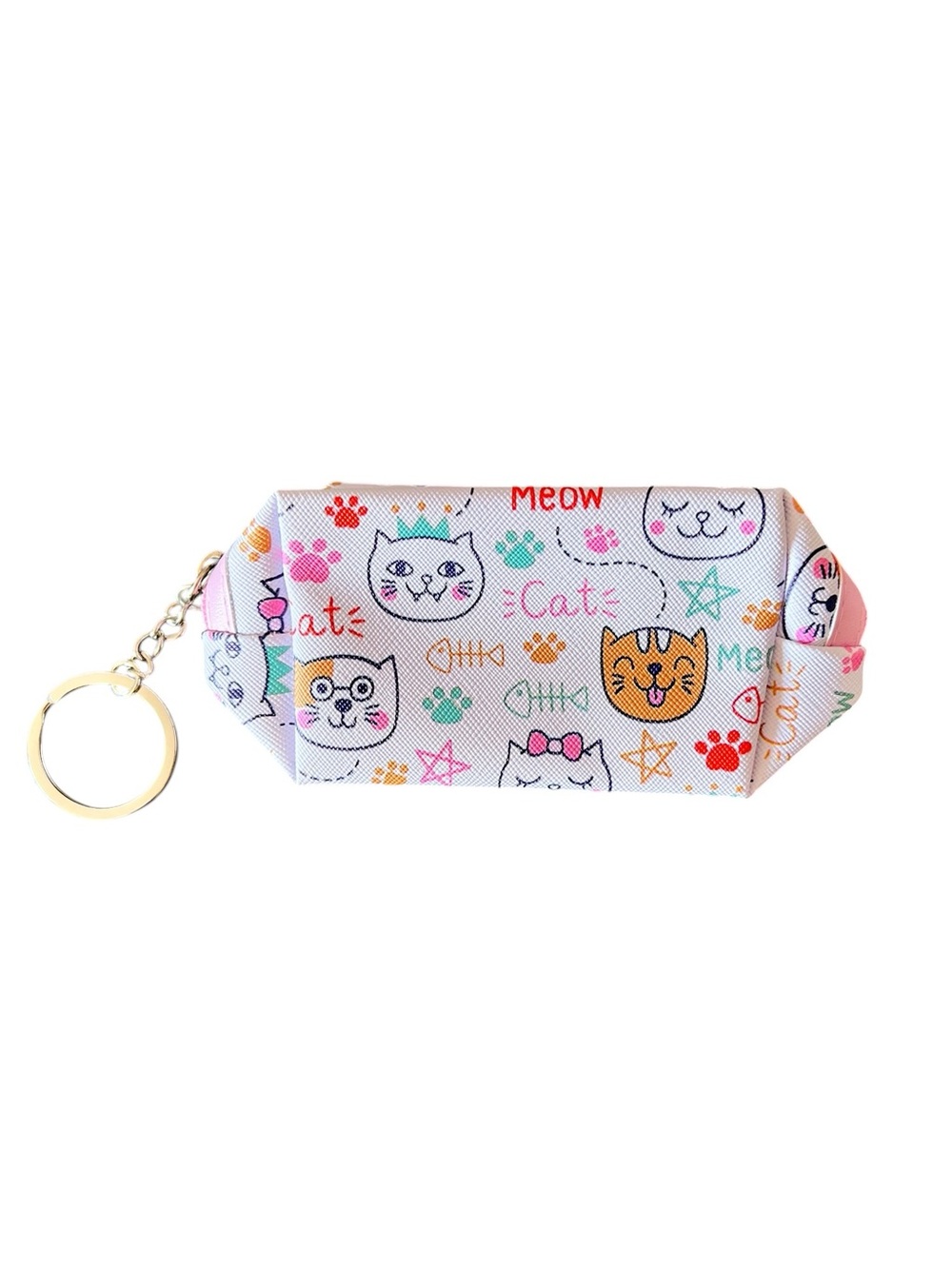 Cat Kitten Crown Pink Multicolor 3.5" Faux Leather Mini Coin Pouch Makeup Bag